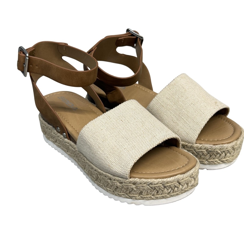 Soda Shoes Womens Size 9.5 Beige Espadrille Wedge Platform Ankle Strap Sandals
